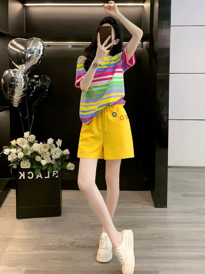Student trend striped short-sleeved suit women's summer 2025 casual sports shorts two-piece suit fashionable loose and slim