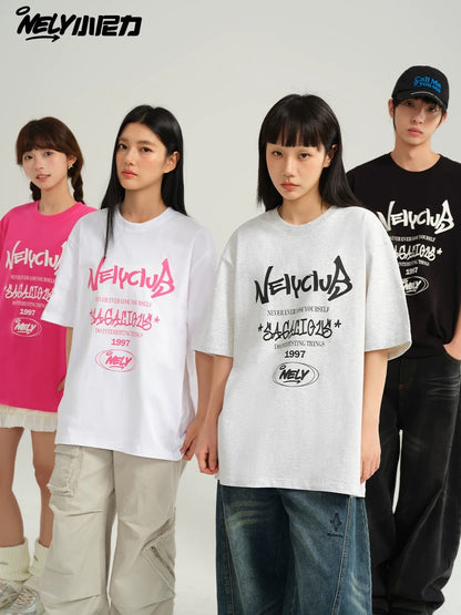 NELY Little Nelly Summer American Dopamine Short-sleeved T-shirt Heavy Cotton All-match Men and Women Loose Couple Tops
