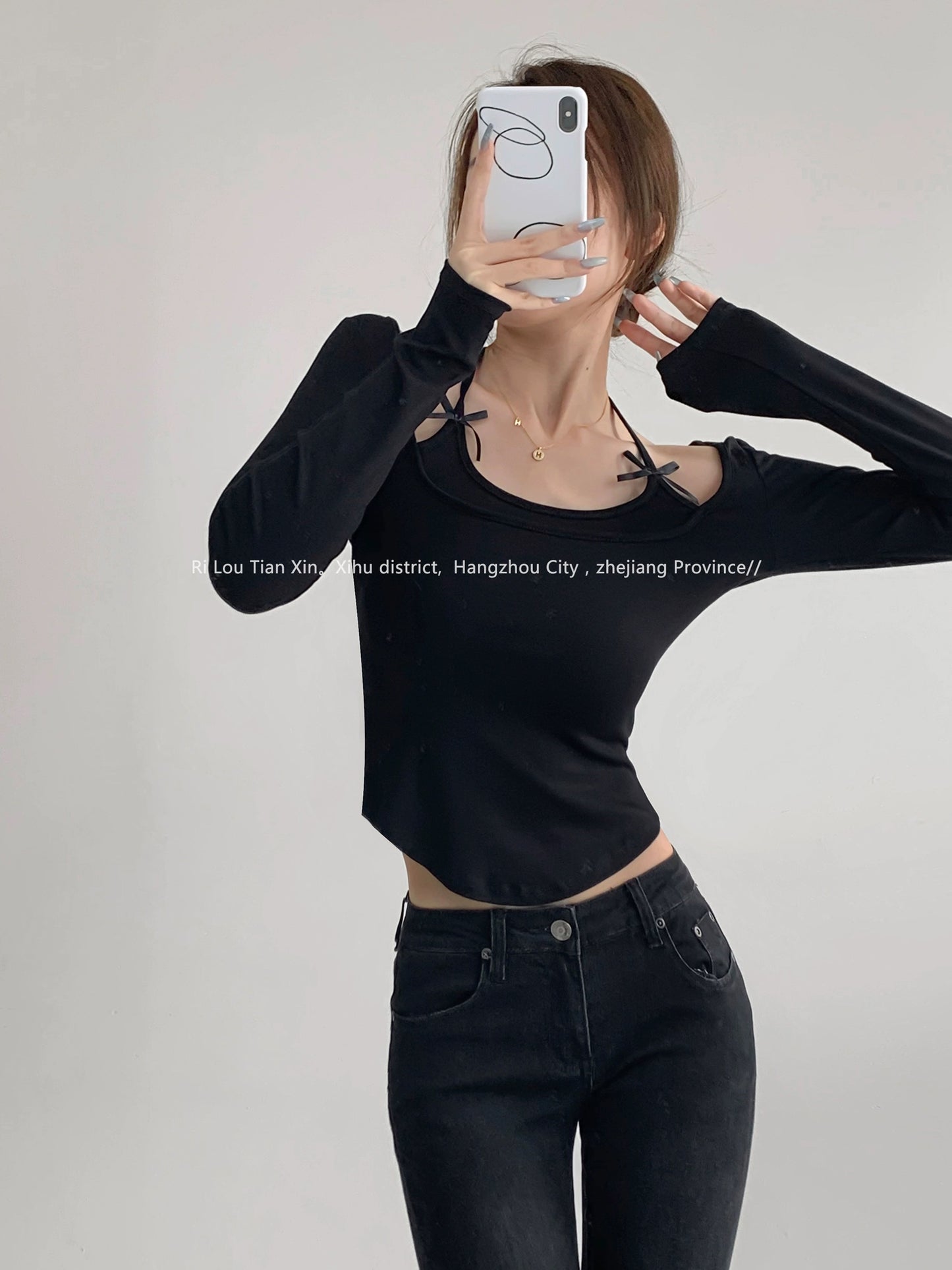 Sweet Desire Lace-up Halter Fake Two-piece Long Sleeve T-Shirt Women's Autumn Pure Desire Bow Arc Hem Short Top