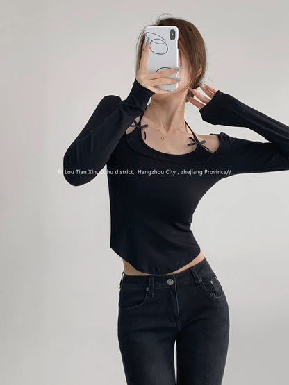 Sweet Desire Lace-up Halter Fake Two-piece Long Sleeve T-Shirt Women's Autumn Pure Desire Bow Arc Hem Short Top