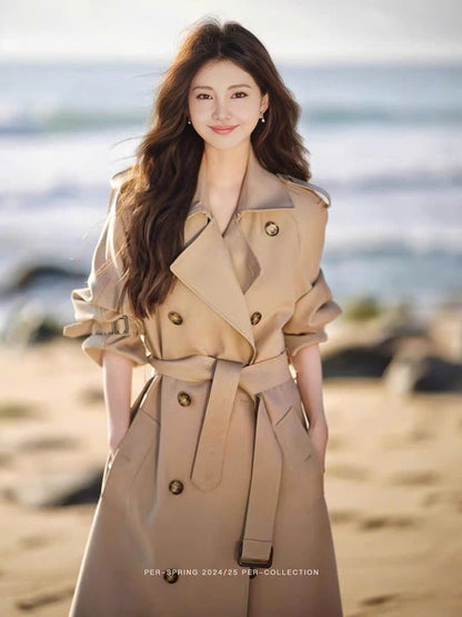 High-end khaki windbreaker jacket for women 2024 new spring and autumn medium and long style small British style Korean style popular