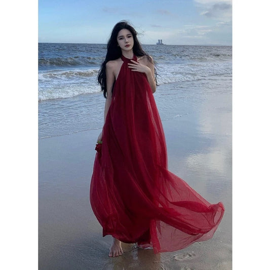 Small halter neck mesh dress backless dress wedding toast dress yarn morning robe beach dress long skirt elegant