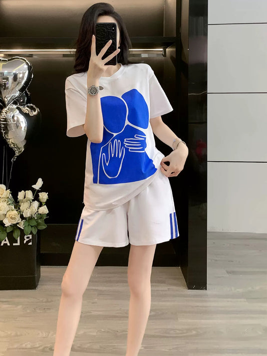 Casual sports print short-sleeved suit for women summer 2025 fashionable loose trendy shorts two-piece suit for running and slimming