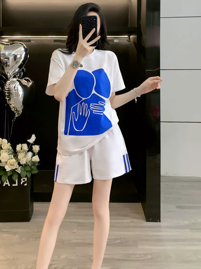 Casual sports print short-sleeved suit for women summer 2025 fashionable loose trendy shorts two-piece suit for running and slimming