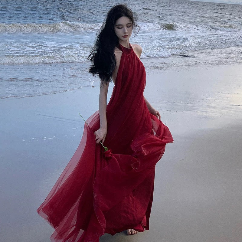 Small halter neck mesh dress backless dress wedding toast dress yarn morning robe beach dress long skirt elegant