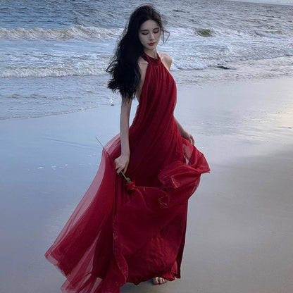 Small halter neck mesh dress backless dress wedding toast dress yarn morning robe beach dress long skirt elegant