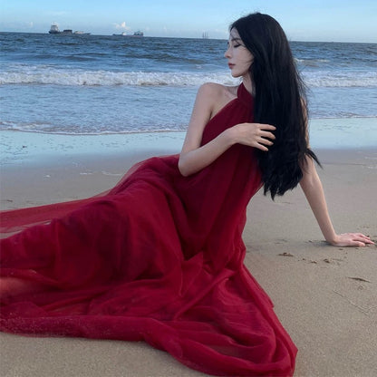 Small halter neck mesh dress backless dress wedding toast dress yarn morning robe beach dress long skirt elegant