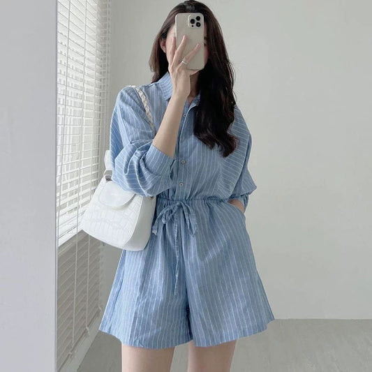 Korean chic summer simple niche lapel single-breasted drawstring lace-up waist striped wide-leg jumpsuit shorts