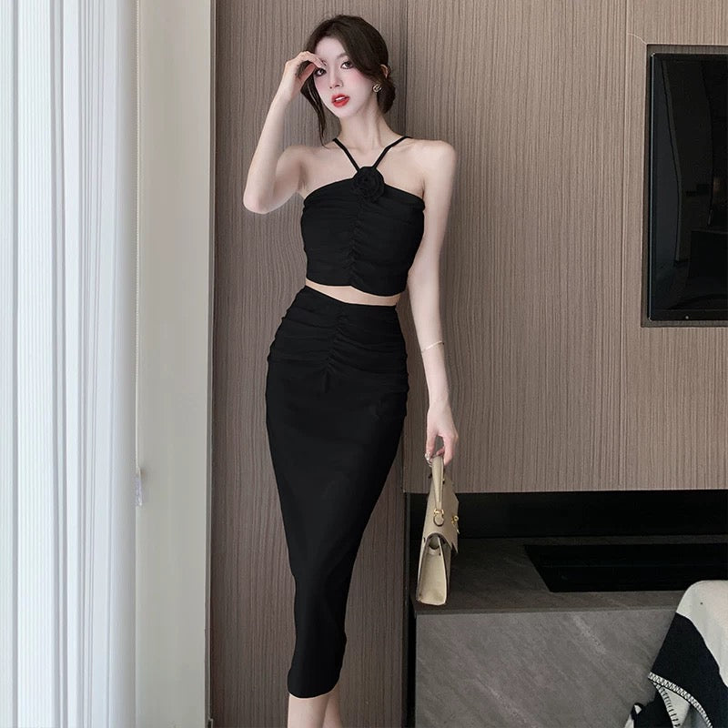 Halter strap two-piece white lady style banquet evening dress long skirt summer 2025 new fashion suit skirt