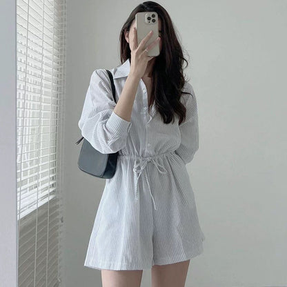 Korean chic summer simple niche lapel single-breasted drawstring lace-up waist striped wide-leg jumpsuit shorts