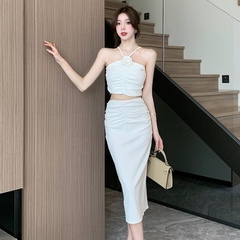 Halter strap two-piece white lady style banquet evening dress long skirt summer 2025 new fashion suit skirt