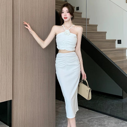 Halter strap two-piece white lady style banquet evening dress long skirt summer 2025 new fashion suit skirt