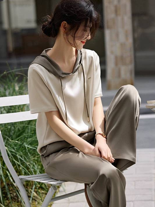 XWI/Xinwei stitching contrasting color design casual suit women's summer hooded short-sleeved T-shirt wide-leg pants two-piece set