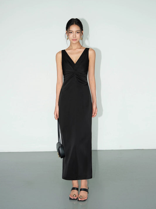 NEVA HU black French V-neck dress for women 2024 summer new style waist little black dress temperament long dress
