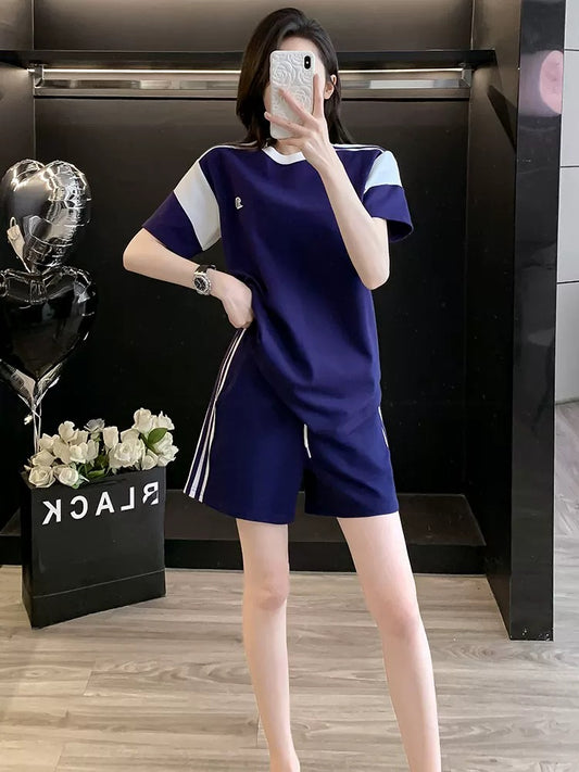 Blue stylish short-sleeved suit women's summer 2025 Korean version of the trendy casual shorts two-piece suit loose sports running