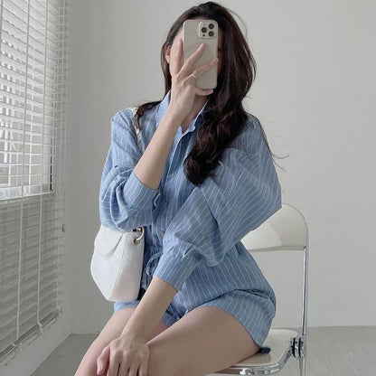 Korean chic summer simple niche lapel single-breasted drawstring lace-up waist striped wide-leg jumpsuit shorts