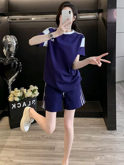 Blue stylish short-sleeved suit women's summer 2025 Korean version of the trendy casual shorts two-piece suit loose sports running