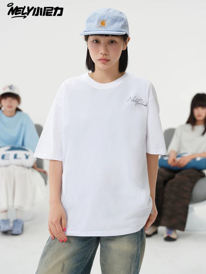 NELY Xiao Nili 2025 summer new graffiti hand-painted letters American short-sleeved T-shirt men and women loose half-sleeved tee