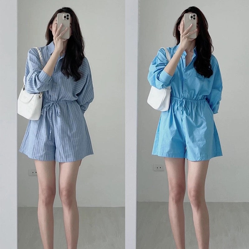 Korean chic summer simple niche lapel single-breasted drawstring lace-up waist striped wide-leg jumpsuit shorts