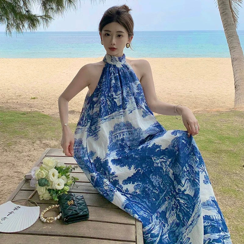 Chinese style retro halter neck backless sleeveless dress Hainan Sanya vacation A-line printed design loose long skirt