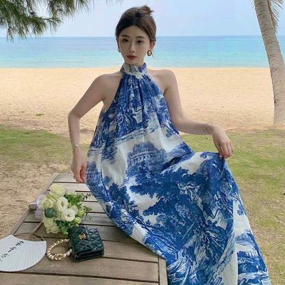 Chinese style retro halter neck backless sleeveless dress Hainan Sanya vacation A-line printed design loose long skirt
