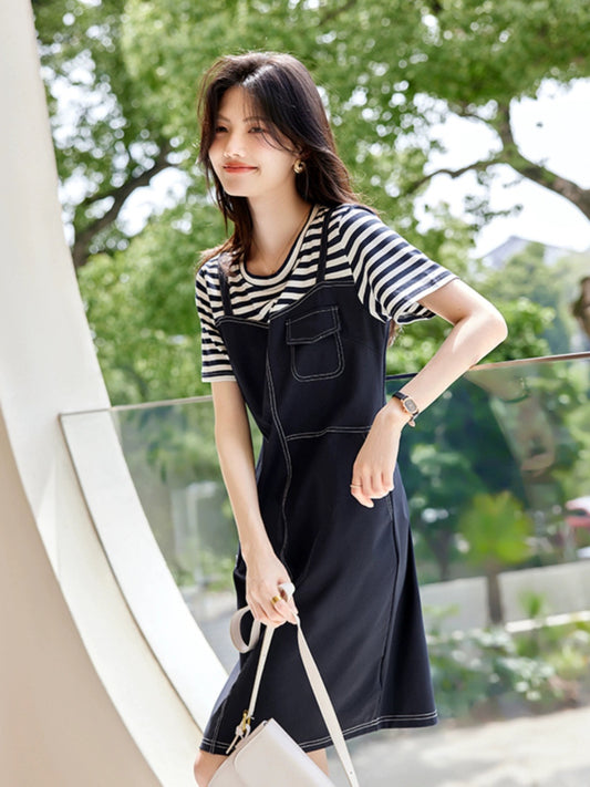 XWI fake two-piece dress for women 2023 new summer style exquisite and elegant age-reducing slimming body-covering suspender skirt