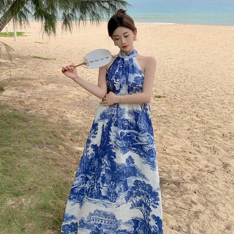 Chinese style retro halter neck backless sleeveless dress Hainan Sanya vacation A-line printed design loose long skirt