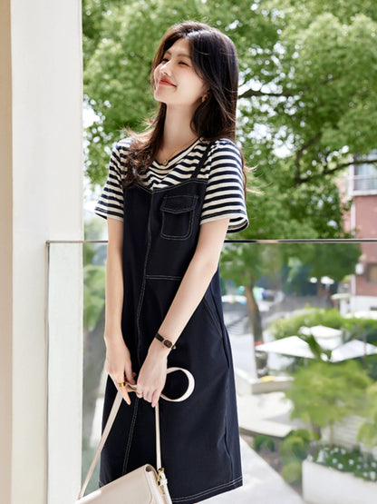 XWI fake two-piece dress for women 2023 new summer style exquisite and elegant age-reducing slimming body-covering suspender skirt