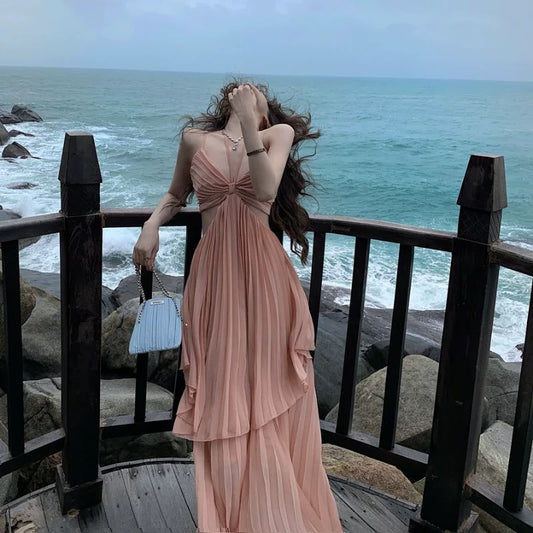 French sexy pure desire style irregular waist-revealing slimming suspender dress female Sanya seaside holiday photo long dress