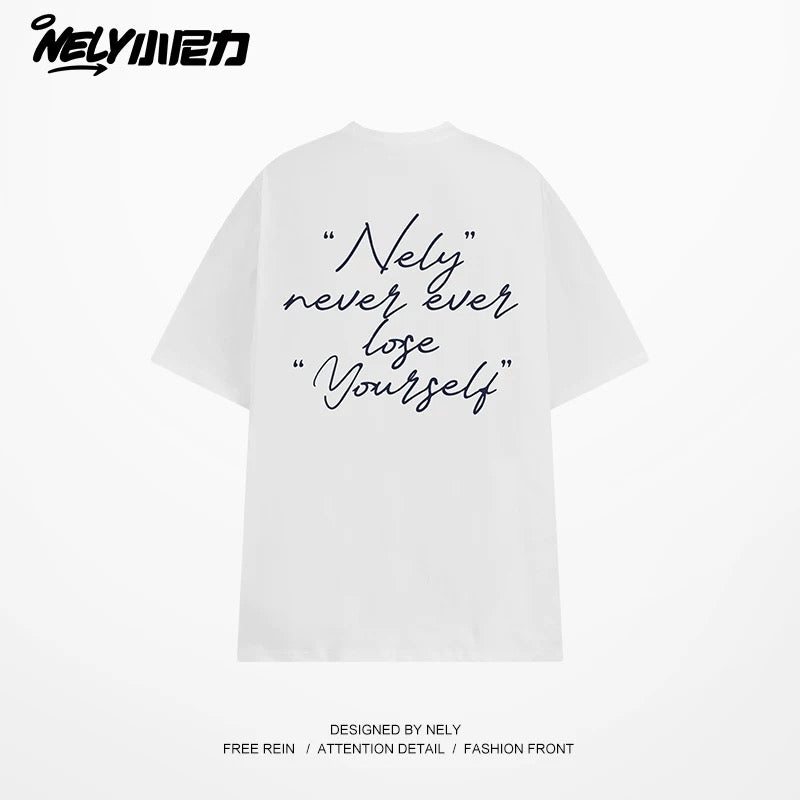 NELY Xiao Nili 2025 summer new graffiti hand-painted letters American short-sleeved T-shirt men and women loose half-sleeved tee
