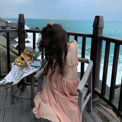 French sexy pure desire style irregular waist-revealing slimming suspender dress female Sanya seaside holiday photo long dress