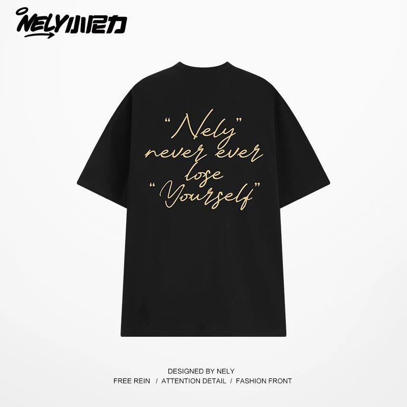 NELY Xiao Nili 2025 summer new graffiti hand-painted letters American short-sleeved T-shirt men and women loose half-sleeved tee