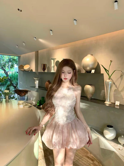kubiliv "Romantic Floral Ode" – Pink Lace Halter-Neck Backless Dress; Fitted Waist, Slimming Silhouette, Tulip-Style Skirt