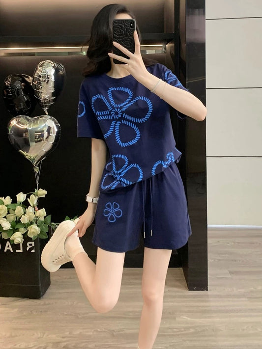 Western style fashion short-sleeved sports suit women's summer 2025 casual loose shorts two-piece suit student trend running slim