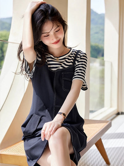 XWI fake two-piece dress for women 2023 new summer style exquisite and elegant age-reducing slimming body-covering suspender skirt