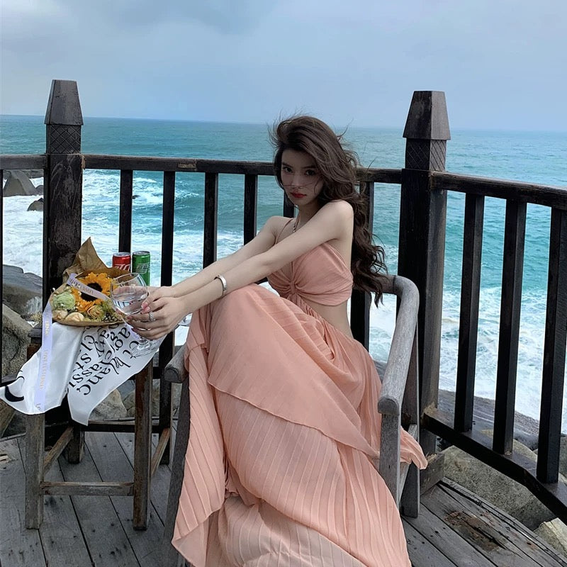French sexy pure desire style irregular waist-revealing slimming suspender dress female Sanya seaside holiday photo long dress