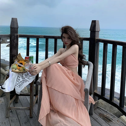 French sexy pure desire style irregular waist-revealing slimming suspender dress female Sanya seaside holiday photo long dress