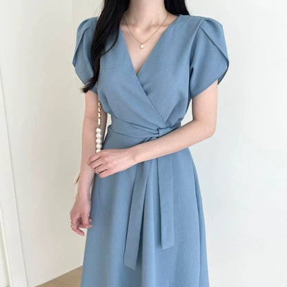 Korean chic summer temperament elegant cross V-neck lace-up waist slimming puff sleeve mid-length dress for women