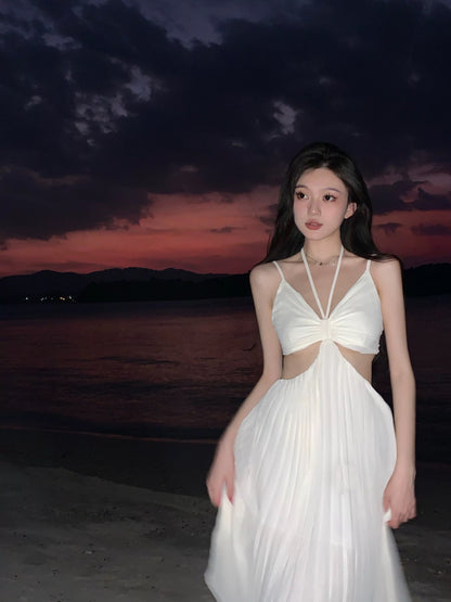 French sexy pure desire style irregular waist-revealing slimming suspender dress female Sanya seaside holiday photo long dress