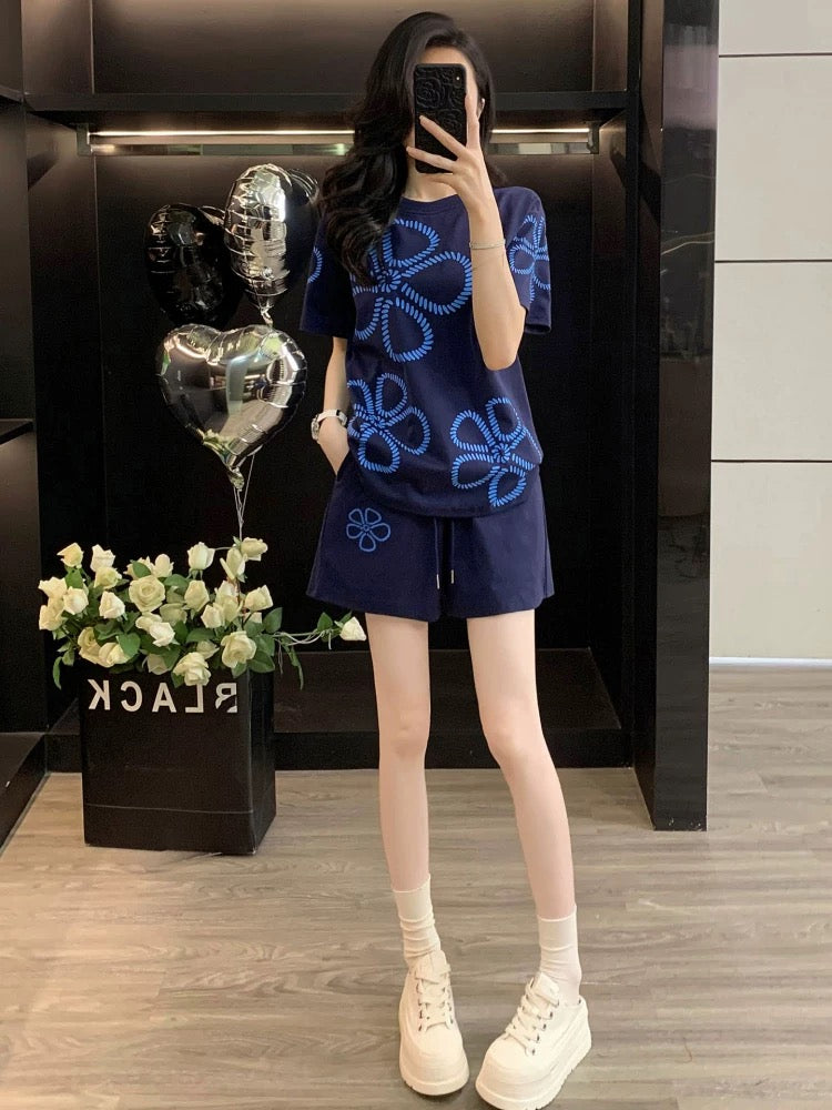 Western style fashion short-sleeved sports suit women's summer 2025 casual loose shorts two-piece suit student trend running slim