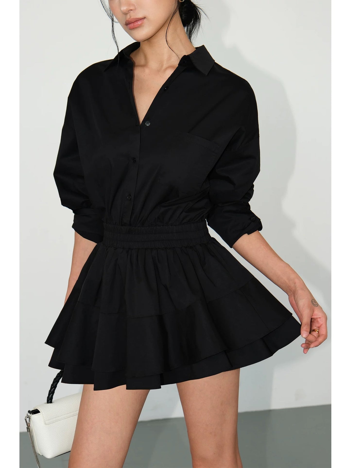 NEVA HU white French long-sleeved shirt dress short design waist slimming short skirt for small women