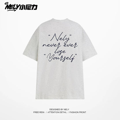 NELY Xiao Nili 2025 summer new graffiti hand-painted letters American short-sleeved T-shirt men and women loose half-sleeved tee