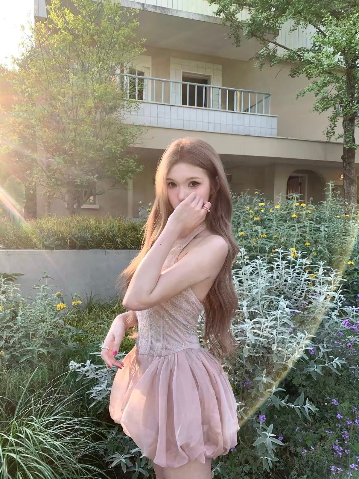 kubiliv "Romantic Floral Ode" – Pink Lace Halter-Neck Backless Dress; Fitted Waist, Slimming Silhouette, Tulip-Style Skirt