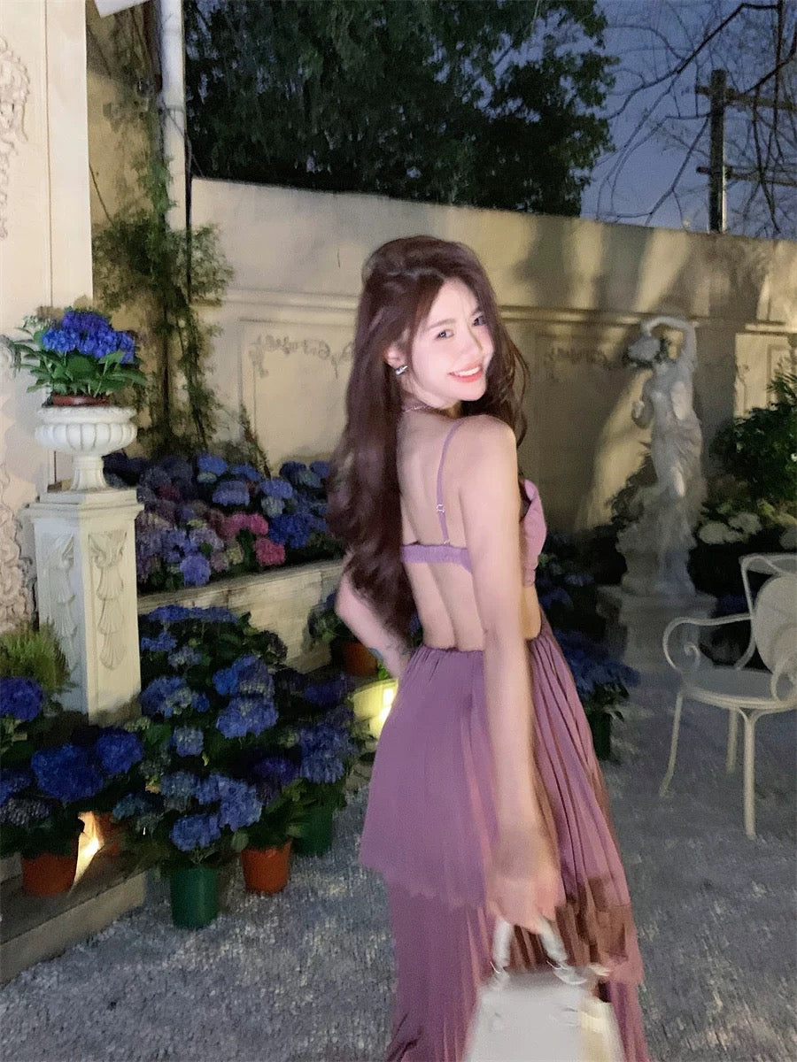 French sexy pure desire style irregular waist-revealing slimming suspender dress female Sanya seaside holiday photo long dress