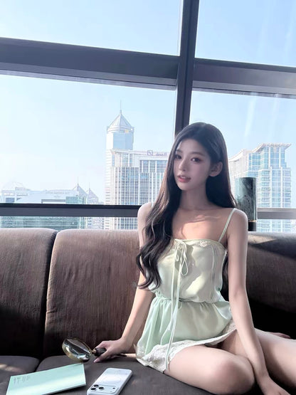 kubiliv [Mint Summer] Mint Green Drawstring Lace Camisole Dress – Slim-Fit Mini Dress