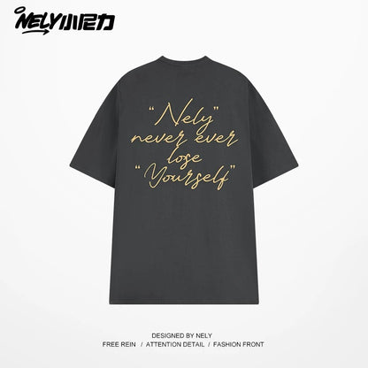 NELY Xiao Nili 2025 summer new graffiti hand-painted letters American short-sleeved T-shirt men and women loose half-sleeved tee