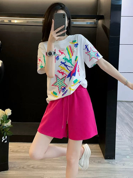 Age-reducing fashionable printed short-sleeved suit for women in summer 2025 casual shorts two-piece loose sportswear for running