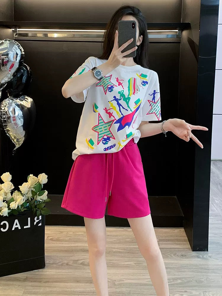 Age-reducing fashionable printed short-sleeved suit for women in summer 2025 casual shorts two-piece loose sportswear for running