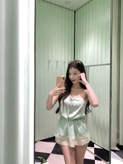 kubiliv [Mint Summer] Mint Green Drawstring Lace Camisole Dress – Slim-Fit Mini Dress
