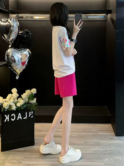 Age-reducing fashionable printed short-sleeved suit for women in summer 2025 casual shorts two-piece loose sportswear for running